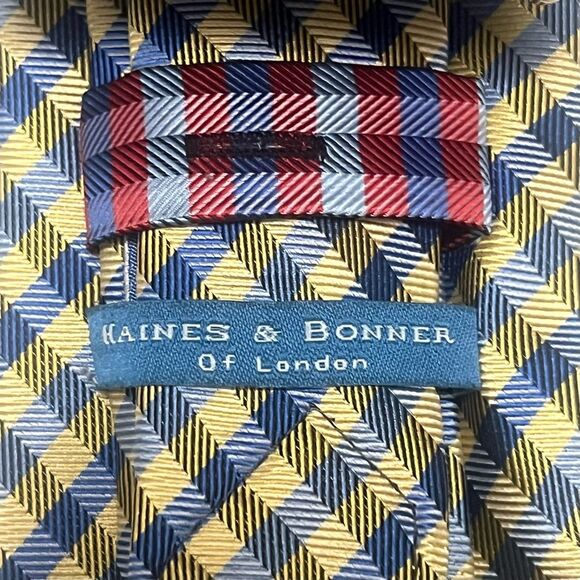 2for25 Haines & Bonner Of London Silk Handmade Tie Yellow Blue Checks Necktie - Picture 5 of 9